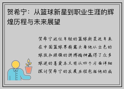 贺希宁：从篮球新星到职业生涯的辉煌历程与未来展望