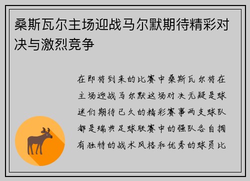 桑斯瓦尔主场迎战马尔默期待精彩对决与激烈竞争