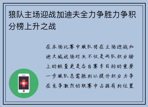 狼队主场迎战加迪夫全力争胜力争积分榜上升之战