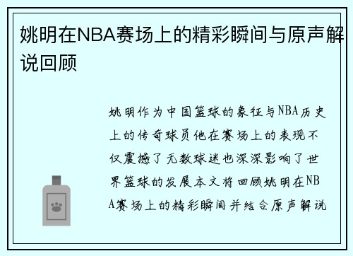 姚明在NBA赛场上的精彩瞬间与原声解说回顾