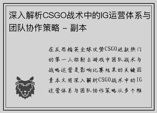深入解析CSGO战术中的IG运营体系与团队协作策略 - 副本