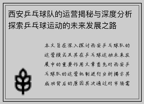 西安乒乓球队的运营揭秘与深度分析探索乒乓球运动的未来发展之路