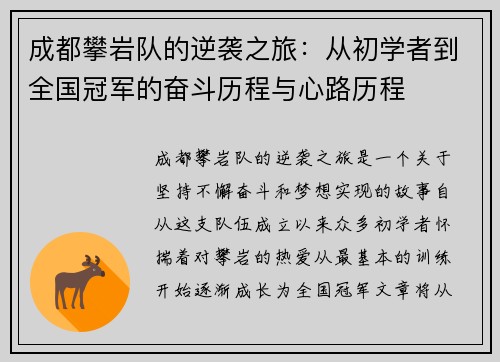 成都攀岩队的逆袭之旅：从初学者到全国冠军的奋斗历程与心路历程